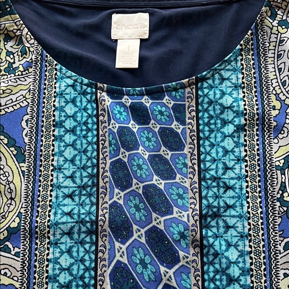 Chico’s Elegant Blue Patterned Long Sleeve Top Sz 1 - Picture 8 of 13